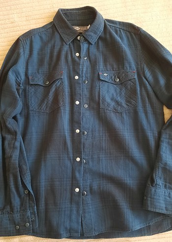 Düğmeli Lacivert Denim Erkek Gömlek