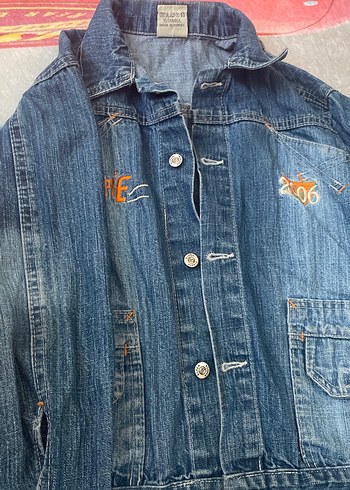 6 Yaş Beden mavi Renk Nakışlı Düğmeli Mavi Denim Ceket
