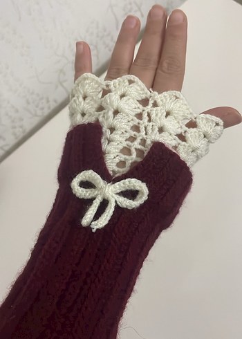Bordo Dantelli Örgü Kadın Eldiven aksesuar - Görsel 2