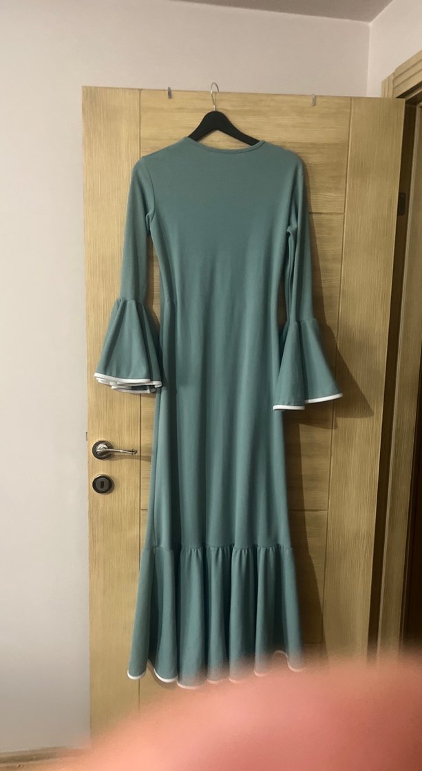 Uzun Kollu Turkuaz Uzun Elbise - Görsel 3