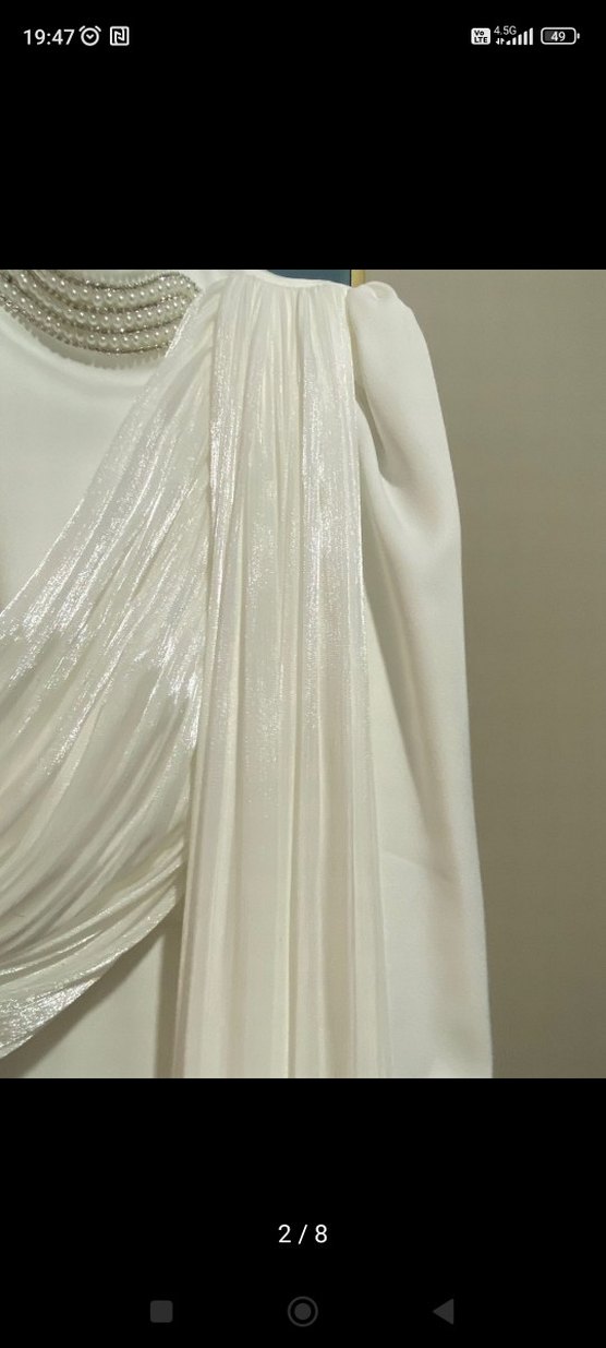 Beyaz Drapeli Uzun Kollu Kadın Abiye - Görsel 3