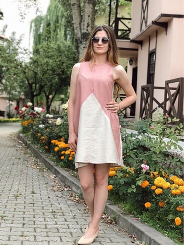 Renk Bloklu Cepli Elbise
