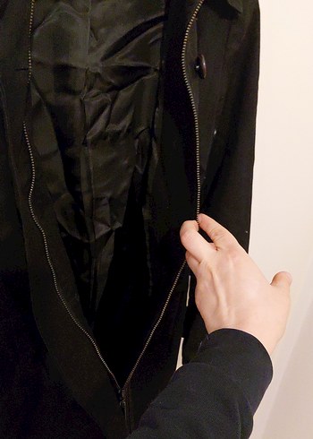 Düğmeli Siyah Midi Kaban - Trençkot Coat - Görsel 4