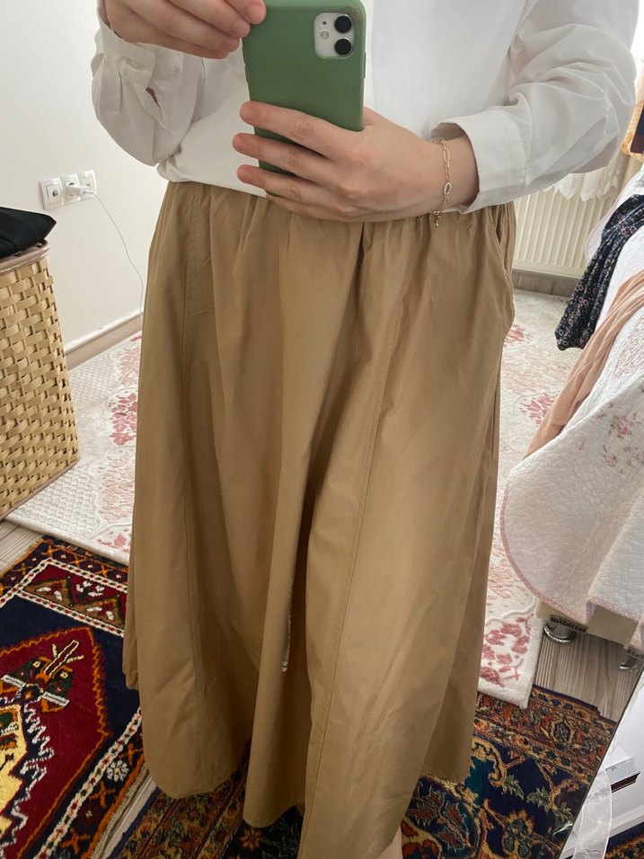 Camel Uzun Beli Lastikli Parçalı Etek - Görsel 3