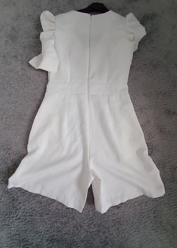 Beyaz V Yakalı Kısa Keten Tulum - Görsel 8