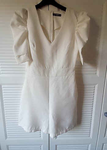 Beyaz V Yakalı Kısa Keten Tulum - Görsel 2