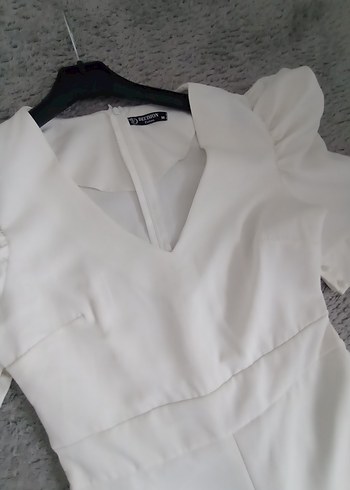 Beyaz V Yakalı Kısa Keten Tulum - Görsel 4