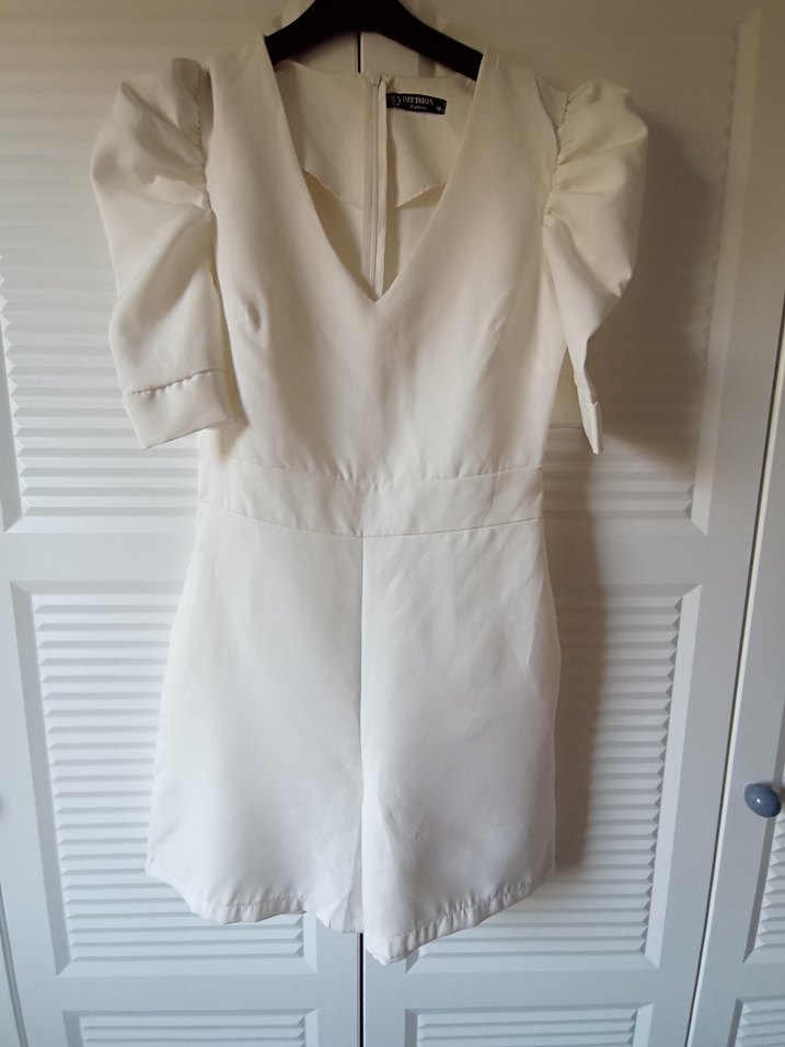 Beyaz V Yakalı Kısa Keten Tulum - Görsel 2