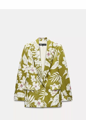 Zara Z10101 Floral Desenli Haki Keten Blazer Ceket