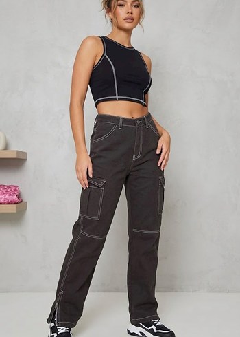 H&M Siyah Yuksek Bel Kargo Pantolon Sehir Stili