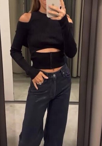 s Beden Zara S acid wash cut out triko bluz