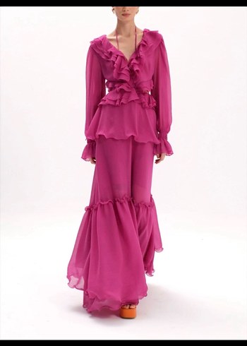 Pembe Uzun Volanlı Elbise - Görsel 2