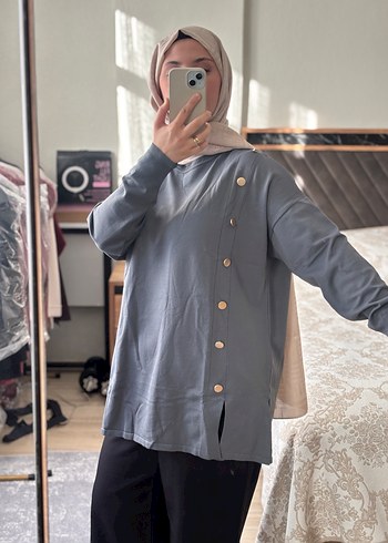 Düğmeli Gri Kadın Tunik kazak - Görsel 3