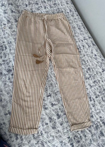 Bej Çizgili Püsküllü Kadın Kumaş Pantolon