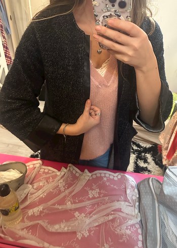 Deri Detaylı Siyah Kadın Midi Ceket - Görsel 2