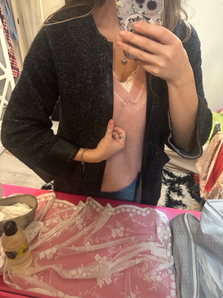 Deri Detaylı Siyah Kadın Midi Ceket - Görsel 2