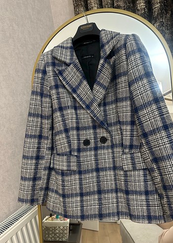 Gri Ekose Düğmeli Kadın Blazer Ceket - Görsel 2