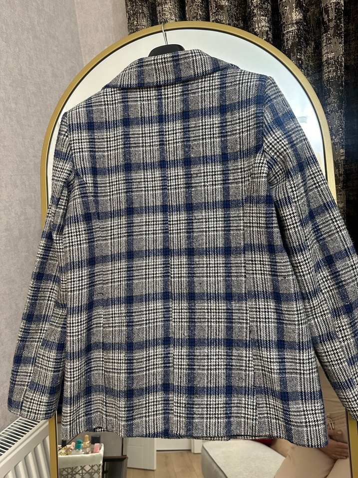 Gri Ekose Düğmeli Kadın Blazer Ceket - Görsel 3