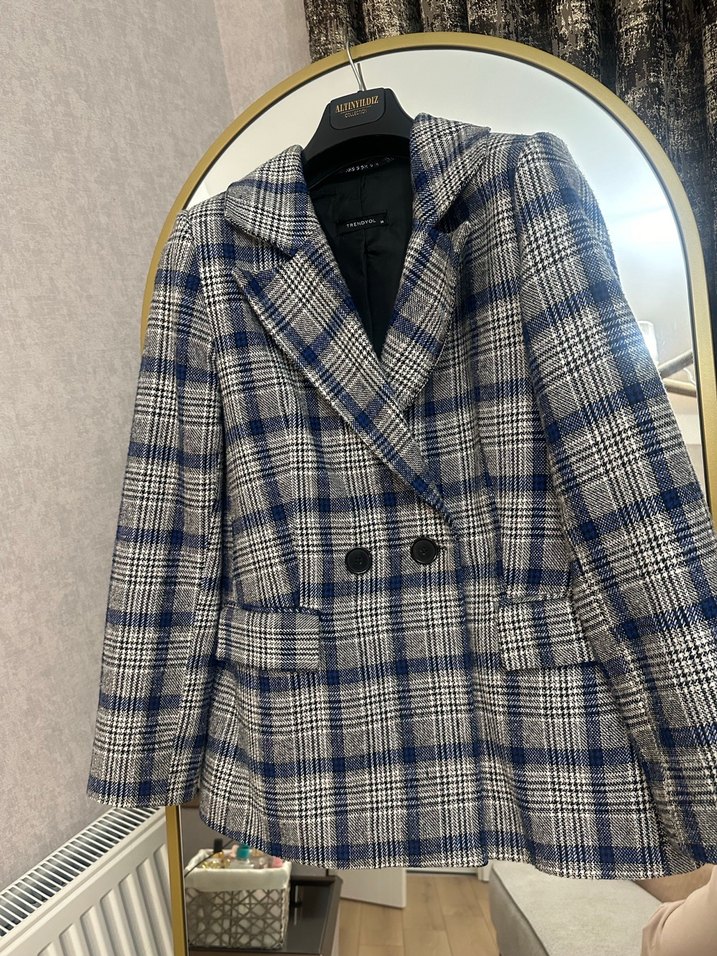 Gri Ekose Düğmeli Kadın Blazer Ceket - Görsel 2