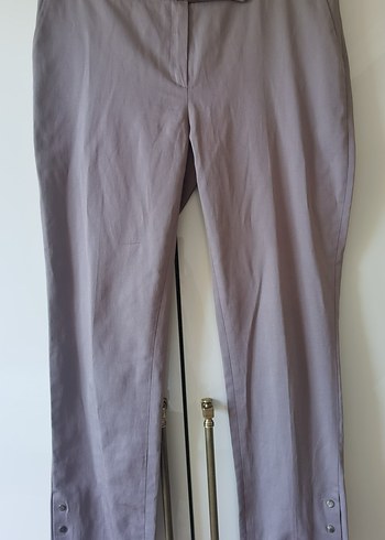 Düğmeli Bej Keten Kadın Pantolon - Görsel 4