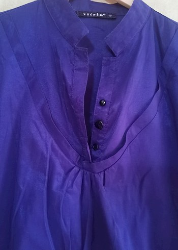 Düğmeli Mor  Bluzu, Uzun Kollu, V Yakalı - Görsel 4