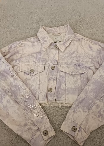 s Beden Düğmeli Pastel Batik Desenli Kadın Denim Ceket