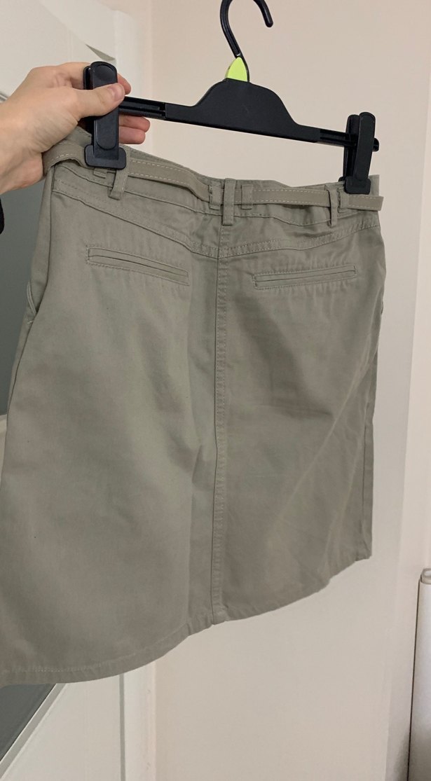 Düğmeli Bej Midi Keten Etek - Görsel 2