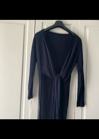 Lacivert Uzun Kollu Salaş Keten Elbise - Görsel 3