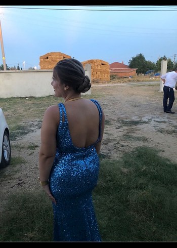 Mavi Simli Uzun Askılı Abiye Elbise - Görsel 2