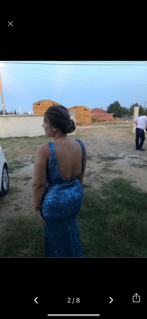 Mavi Simli Uzun Askılı Abiye Elbise - Görsel 2