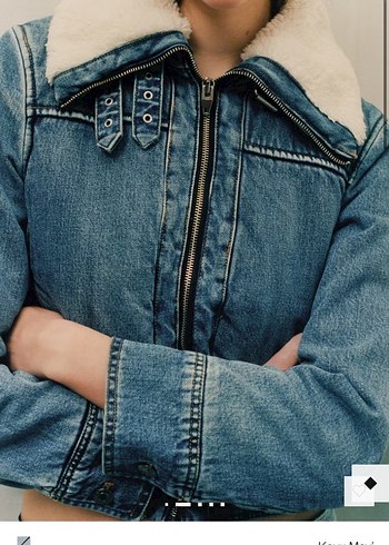 Mango Mavi Denim Deri Yaka Ceket