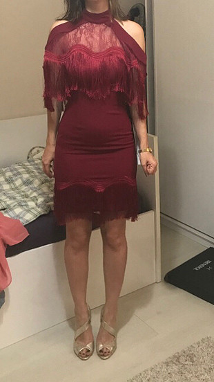 34 Beden bordo Renk Raisa vanessa püskül detaylı kısa elbise