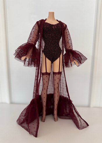 Bordo Puantiyeli File Detaylı Barbie Kıyafeti