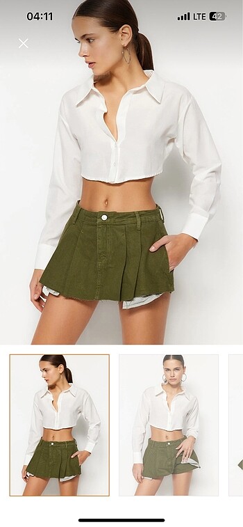 haki pileli denim şort etek