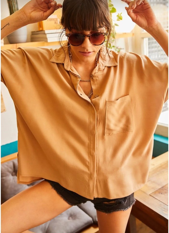 Bej Kadın Salaş Düğmeli Gömlek - Görsel 2