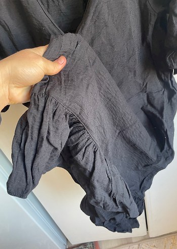 Siyah Keten V Yaka Salaş Elbise - Görsel 3