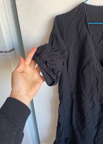 Siyah Keten V Yaka Salaş Elbise - Görsel 2