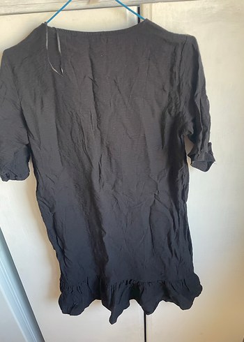 Siyah Keten V Yaka Salaş Elbise - Görsel 5