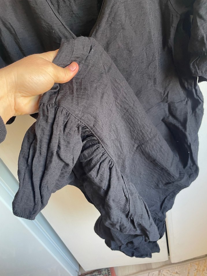 Siyah Keten V Yaka Salaş Elbise - Görsel 3