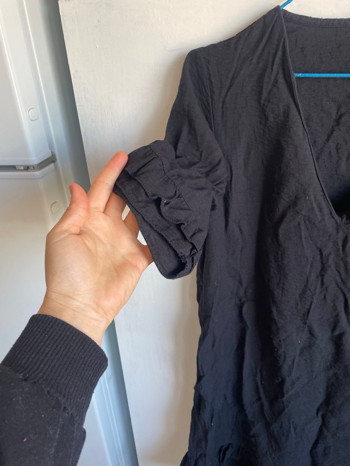 Siyah Keten V Yaka Salaş Elbise - Görsel 2