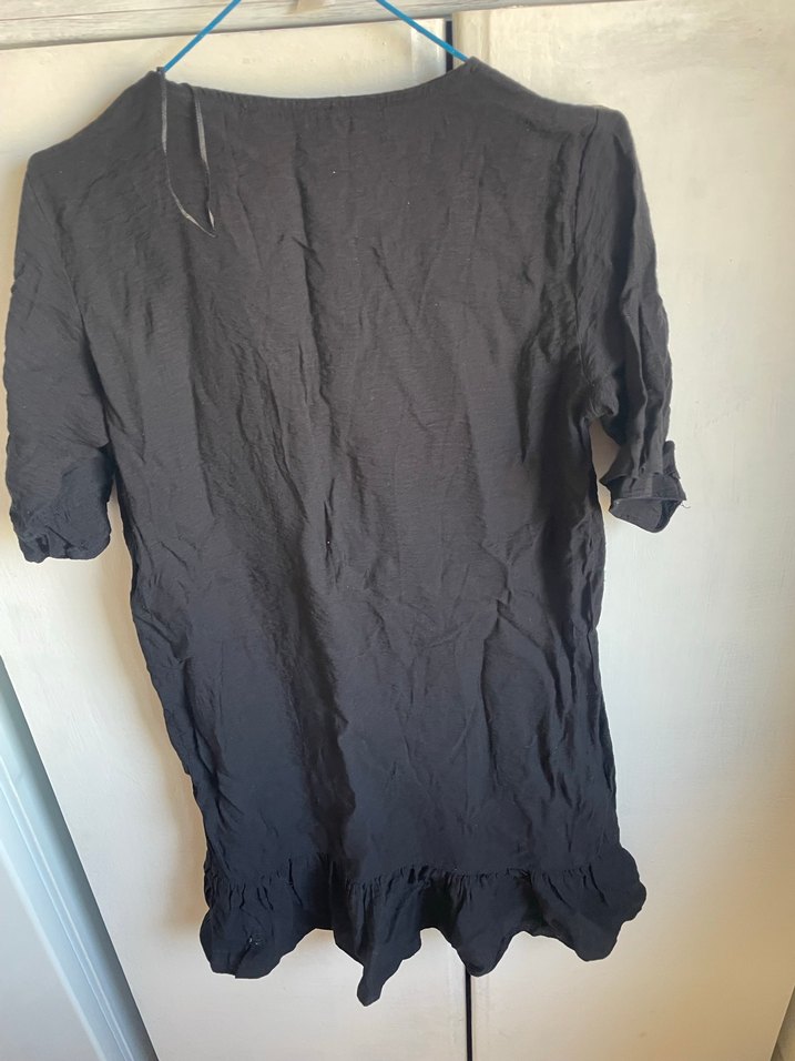 Siyah Keten V Yaka Salaş Elbise - Görsel 5