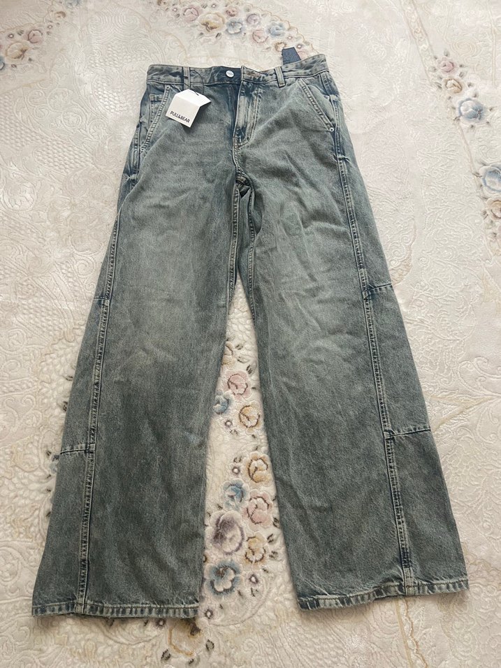 Pull&Bear Yıkamalı Mavi Denim Jean baggy kalip etiketli — görsel 2/4