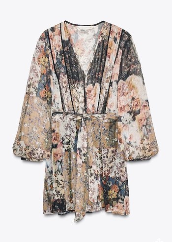 Düğmeli V Yaka Bohem Mini Elbise - Görsel 4