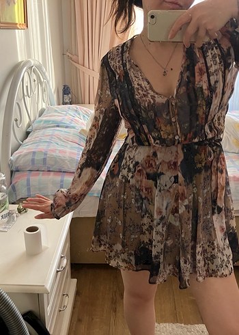 Düğmeli V Yaka Bohem Mini Elbise - Görsel 2