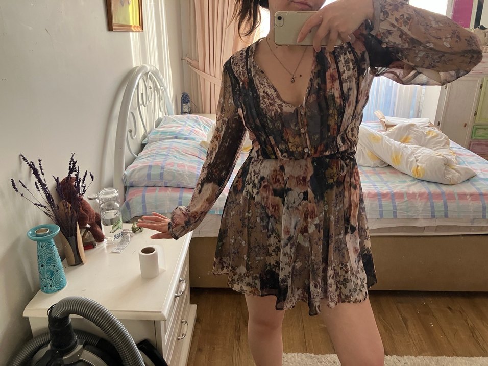 Düğmeli V Yaka Bohem Mini Elbise - Görsel 2