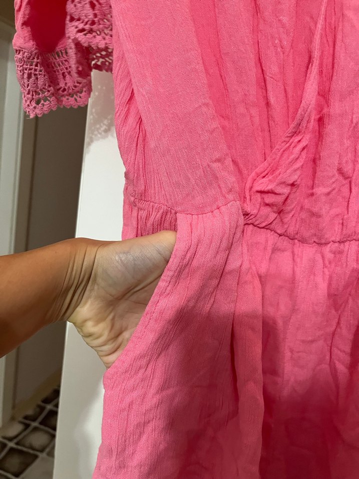 Pembe Dantel Detaylı Bohem Kısa Tulum - Görsel 3