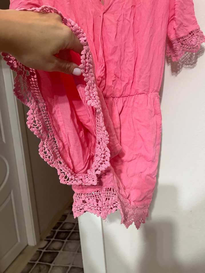 Pembe Dantel Detaylı Bohem Kısa Tulum - Görsel 4