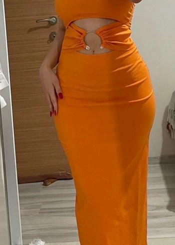 Turuncu Straplez Uzun Elbise - Görsel 2
