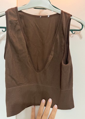 Kahverengi  V Yaka Kadın crop - Görsel 2