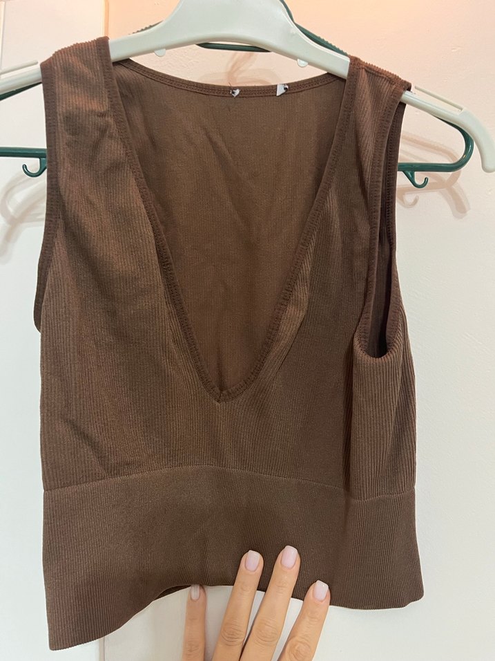 Kahverengi  V Yaka Kadın crop - Görsel 2